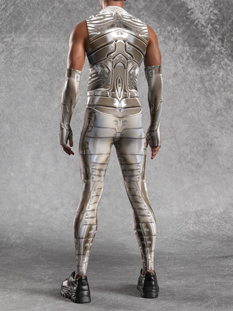 メンズ サイバーパンク ボディスーツ 錯覚 ロボットプリント メタリック キャットスーツ