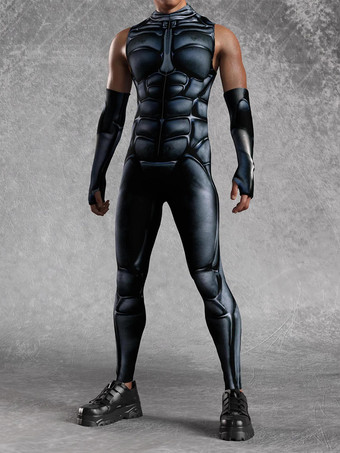 ブラック メンズ サイバーパンク ボディスーツ 錯覚 ロボットプリント メタリック キャットスーツ