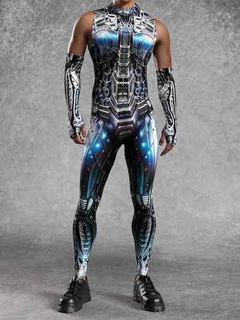 ブラックシルバーメンズ サイバーパンク ボディスーツ 錯覚 ロボットプリント メタリック キャットスーツ