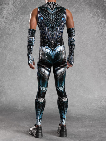 メンズ サイバーパンク ボディスーツ 錯覚 ロボットプリント メタリック キャットスーツ