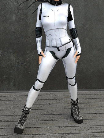 ホワイト セクシーなレディースボディスーツ サイバーパンク 錯視ロボットプリント メタリック ゼンタイ コスチューム