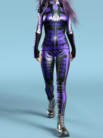 パープル セクシーなレディースボディスーツ サイバーパンク 錯視ロボットプリント メタリック ゼンタイ コスチューム