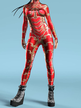 レッド セクシーなレディースボディスーツ サイバーパンク 錯視ロボットプリント メタリック ゼンタイ コスチューム