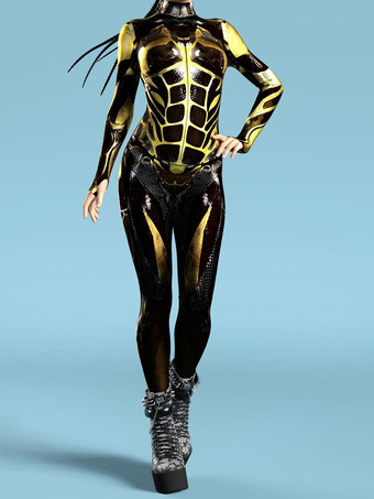 ゴールド セクシーなレディースボディスーツ サイバーパンク 錯視ロボットプリント メタリック ゼンタイ コスチューム