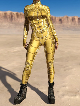 ゴールドセクシーなレディースボディスーツ サイバーパンク 錯視ロボットプリント メタリック ゼンタイ コスチューム