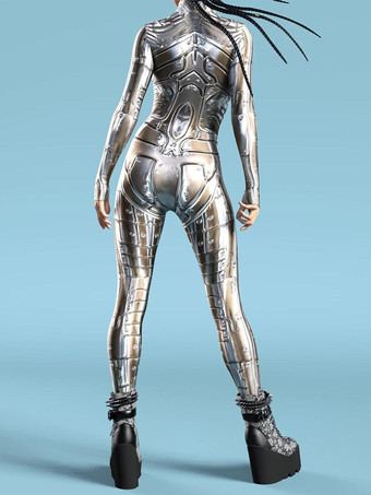 セクシーなレディースボディスーツ サイバーパンク 錯視ロボットプリント メタリック ゼンタイ コスチューム