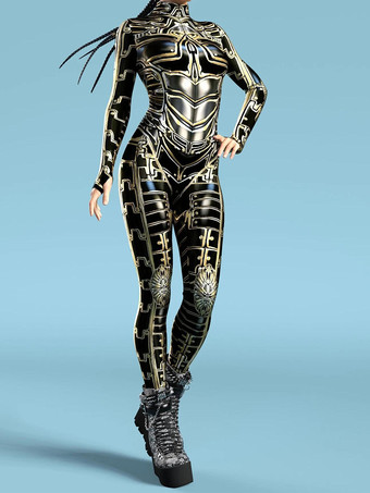 ブラックゴールドセクシーなレディースボディスーツ サイバーパンク 錯視ロボットプリント メタリック ゼンタイ コスチューム