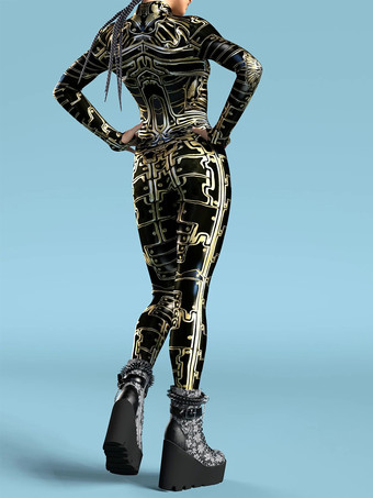 セクシーなレディースボディスーツ サイバーパンク 錯視ロボットプリント メタリック ゼンタイ コスチューム