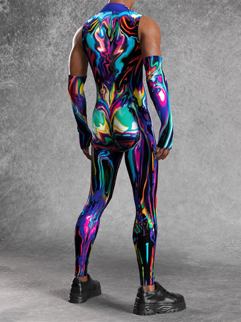 メンズ サイバーパンク ボディスーツ 錯視プリント タトゥー ジャンプスーツ