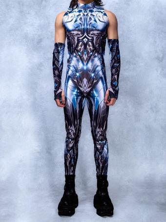 ライトスカイブルーメンズ サイバーパンク ボディスーツ 錯視プリント タトゥー ジャンプスーツ