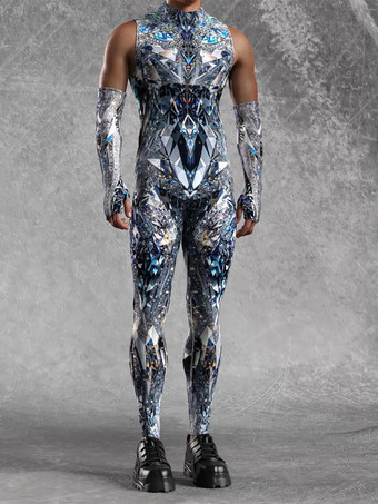 シルバー メンズ サイバーパンク ボディスーツ 錯視プリント タトゥー ジャンプスーツ