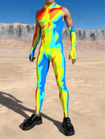 イエローメンズ サイバーパンク ボディスーツ 錯視プリント タトゥー ジャンプスーツ