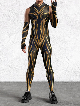 ブラックゴールドメンズ サイバーパンク ボディスーツ 錯視プリント タトゥー ジャンプスーツ