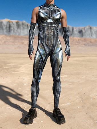 ブラックシルバーメンズ サイバーパンク ボディスーツ 錯視プリント タトゥー ジャンプスーツ