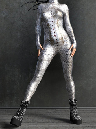 グレイセクシーなサイバーパンクレディースゼンタイボディスーツメタリックロングスリーブ未来的エキソスーツキャットスーツ