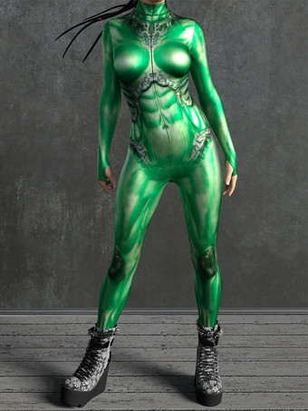 グリーン セクシーなサイバーパンクレディースゼンタイボディスーツメタリックロングスリーブ未来的エキソスーツキャットスーツ