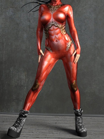 レッド セクシーなサイバーパンクレディースゼンタイボディスーツメタリックロングスリーブ未来的エキソスーツキャットスーツ