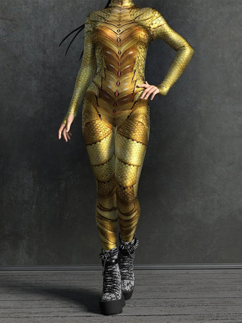 ゴールド セクシーなサイバーパンクレディースゼンタイボディスーツメタリックロングスリーブ未来的エキソスーツキャットスーツ