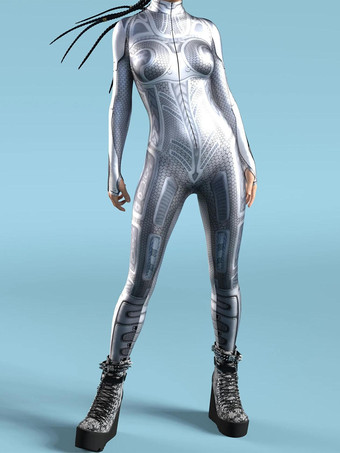 シルバー セクシーなサイバーパンクレディースゼンタイボディスーツメタリックロングスリーブ未来的エキソスーツキャットスーツ