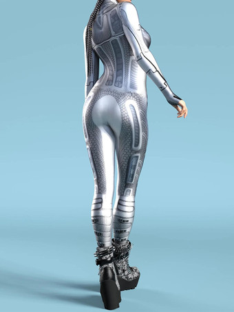 セクシーなサイバーパンクレディースゼンタイボディスーツメタリックロングスリーブ未来的エキソスーツキャットスーツ