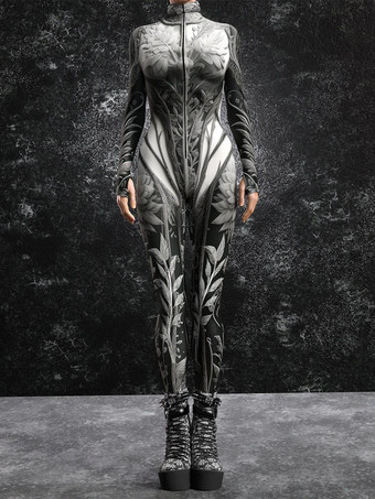 シルバー レディース サイバーパンク ゼンタイ ボディスーツ バーニングマン フューチャリスティック エクソスーツ 長袖 キャットスーツ