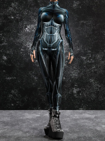 レイクブルー レディース ボディスーツ ゼンタイ サイバーパンク フューチャリスティック エクソスーツ 長袖 メタリック キャットスーツ ゼンタイ