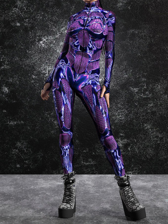 パープル レディース ボディスーツ ゼンタイ サイバーパンク フューチャリスティック エクソスーツ 長袖 メタリック キャットスーツ ゼンタイ