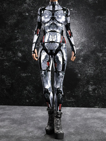 シルバー レディース ボディスーツ ゼンタイ サイバーパンク フューチャリスティック エクソスーツ 長袖 メタリック キャットスーツ ゼンタイ