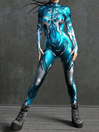 アクアグリーンサイバーパンク レディース ゼンタイ 長袖 サイバネティック ソルジャー メタリック レディース キャットスーツ ゼンタイ