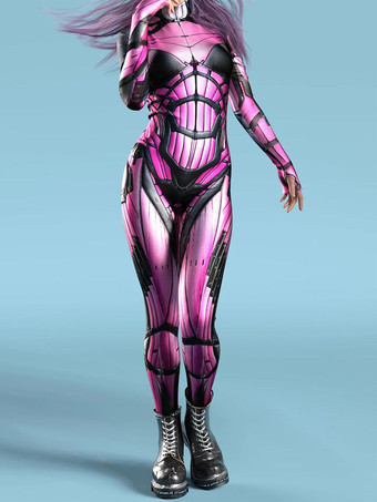 パープル サイバーパンク レディース ゼンタイ 長袖 サイバネティック ソルジャー メタリック レディース キャットスーツ ゼンタイ