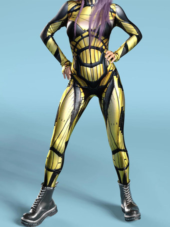 ゴールド サイバーパンク レディース ゼンタイ 長袖 サイバネティック ソルジャー メタリック レディース キャットスーツ ゼンタイ