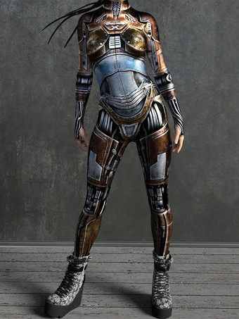 ブロンズカラーサイバーパンク レディース ゼンタイ 長袖 サイバネティック ソルジャー メタリック レディース キャットスーツ ゼンタイ