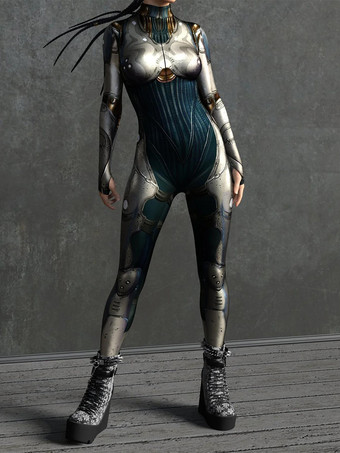 シャンパンカラーサイバーパンク レディース ゼンタイ 長袖 サイバネティック ソルジャー メタリック レディース キャットスーツ ゼンタイ