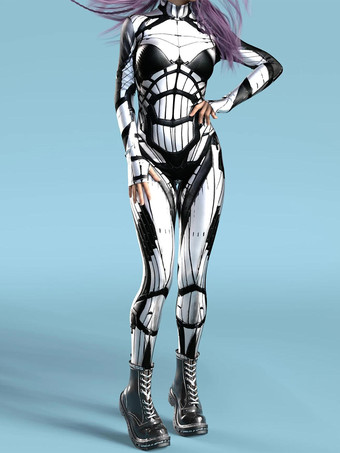 ブラックシルバーサイバーパンク レディース ゼンタイ 長袖 サイバネティック ソルジャー メタリック レディース キャットスーツ ゼンタイ