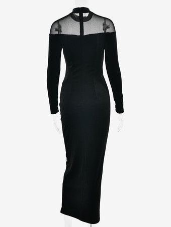 ベルベットメッシュパッチワークハイネック長袖ボディコンマキシドレス（レディース）2026