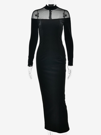 ベルベットメッシュパッチワークハイネック長袖ボディコンマキシドレス（レディース）2026