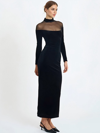 ベルベットメッシュパッチワークハイネック長袖ボディコンマキシドレス（レディース）2026