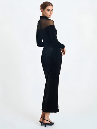 ベルベットメッシュパッチワークハイネック長袖ボディコンマキシドレス（レディース）2026