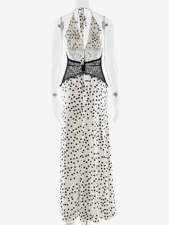 ヴィンテージ ドット柄 ホルターネック 深め Vネック レース パッチワーク マキシドレス レディース 2026