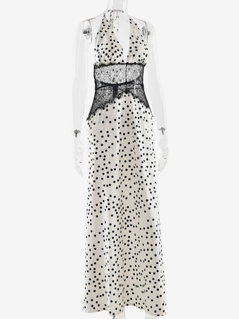 ヴィンテージ ドット柄 ホルターネック 深め Vネック レース パッチワーク マキシドレス レディース 2026