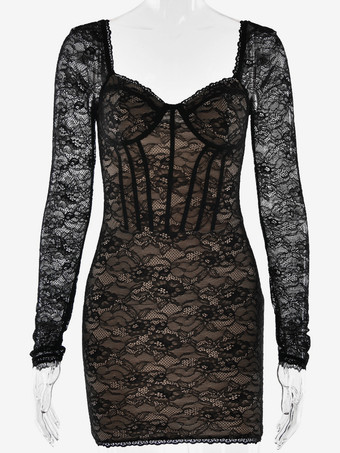 フローラルレース ロングスリーブ コルセット ミニ ボディコン パーティードレス レディース 2026