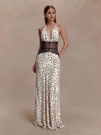 ホワイト ヴィンテージ ドット柄 ホルターネック 深め Vネック レース パッチワーク マキシドレス レディース 2026