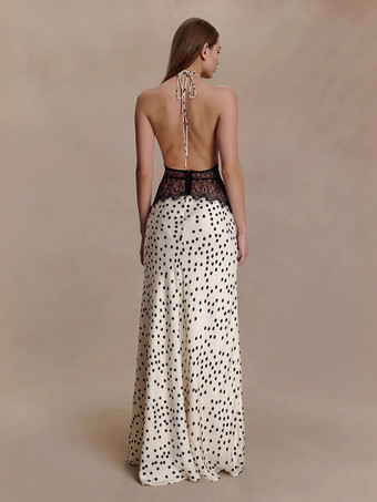 ヴィンテージ ドット柄 ホルターネック 深め Vネック レース パッチワーク マキシドレス レディース 2026