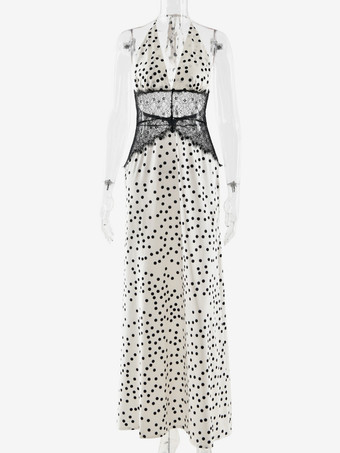 ヴィンテージ ドット柄 ホルターネック 深め Vネック レース パッチワーク マキシドレス レディース 2026