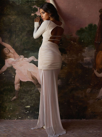 バックレスカットアウトルーシュサイドスリットシアーマキシイブニングドレス（レディース）2026