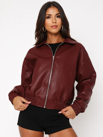 ワインレッド ヴィンテージ オーバーサイズ フェイクレザー ボンバージャケット（レディース、2026年）