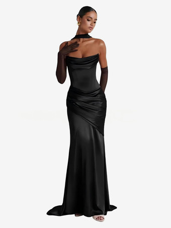 ブラックイブニングドレス ボールガウン デザインネックライン 伸縮性のあるシルク風サテン トレーン付き プリーツ フォーマルパーティードレス