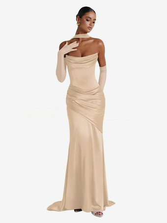 シャンパンイブニングドレス ボールガウン デザインネックライン 伸縮性のあるシルク風サテン トレーン付き プリーツ フォーマルパーティードレス