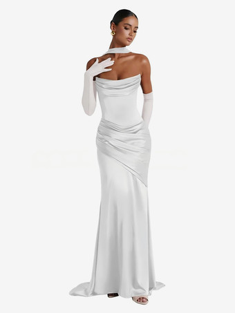 アイボリーイブニングドレス ボールガウン デザインネックライン 伸縮性のあるシルク風サテン トレーン付き プリーツ フォーマルパーティードレス