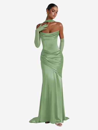 セージグリーンイブニングドレス ボールガウン デザインネックライン 伸縮性のあるシルク風サテン トレーン付き プリーツ フォーマルパーティードレス